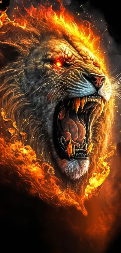 A roaring lion engulfed in fiery flames, with vibrant orange and dark background.