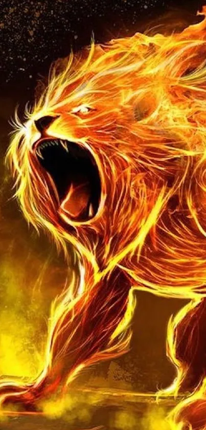 Fiery lion roaring with intense flames in dynamic wallpaper.