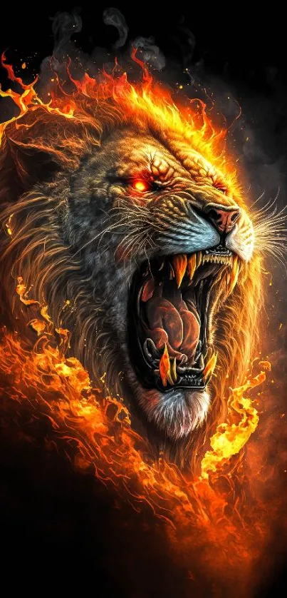 Fiery lion roaring with dramatic flames on a dark background.