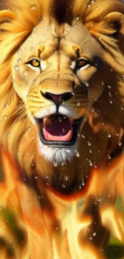 Majestic lion roaring through fiery flames.