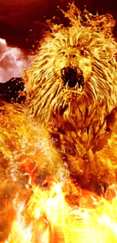 Roaring lion in fiery flames wallpaper design.