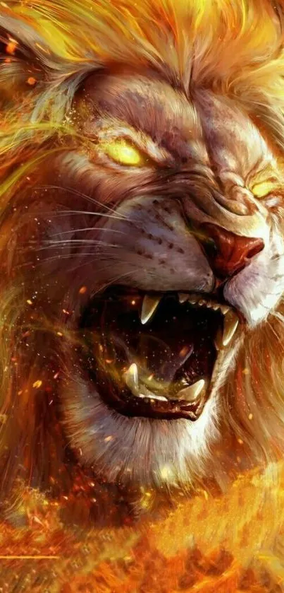 Fiery lion roaring with blazing flames, perfect for mobile wallpaper.