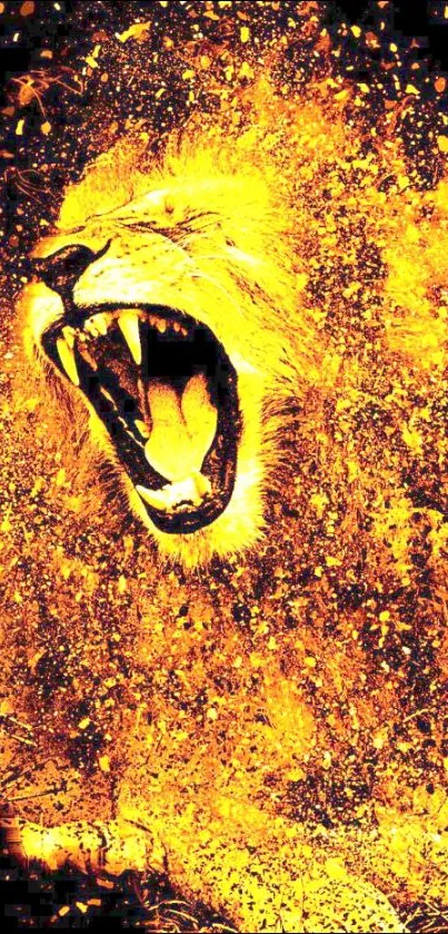 Fiery lion roaring in vibrant golden hues on mobile wallpaper.