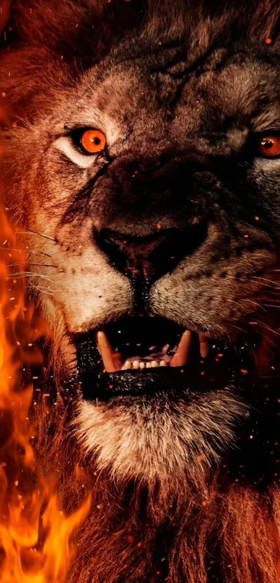 Fierce lion with fiery flames on mobile wallpaper