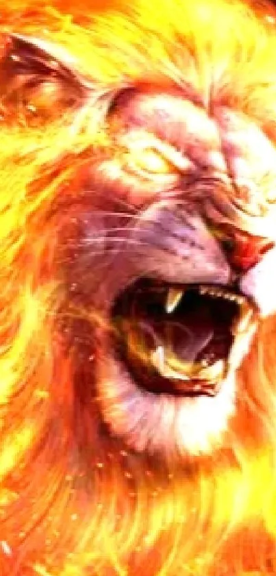 Fiery lion roaring with flames as a striking mobile wallpaper.