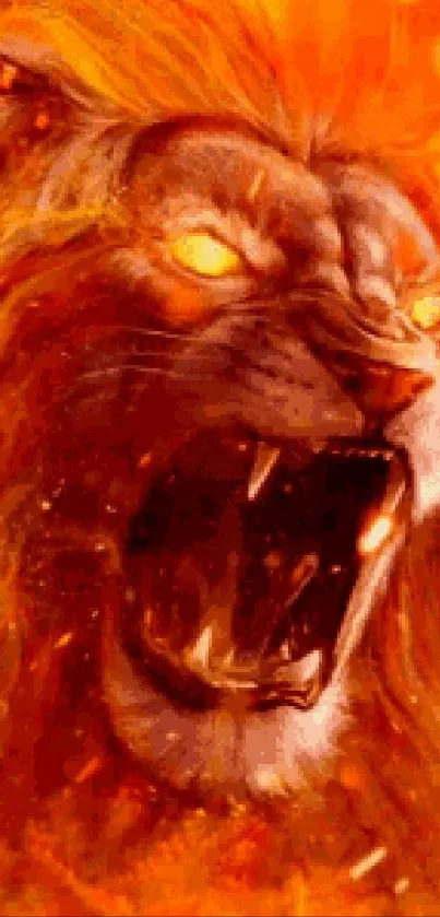 Fiery lion roaring amidst flames in stunning mobile wallpaper.