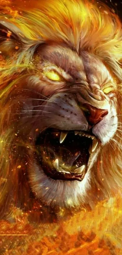 Fiery lion roaring with flames in vibrant art design.