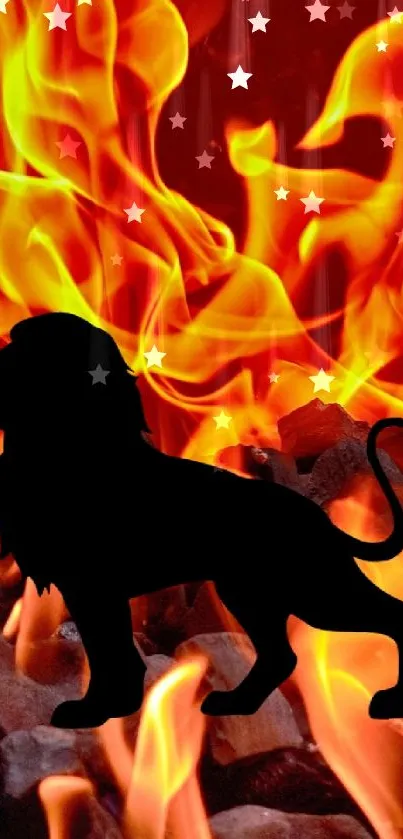 Lion silhouette with fiery flames and coal background wallpaper.