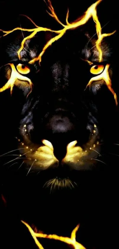 Fiery lion head wallpaper with intense dark background.