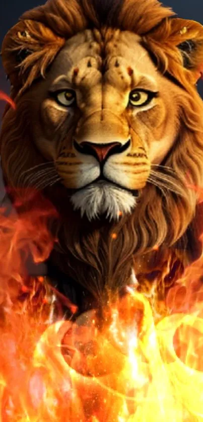 Lion amid vibrant flames, creating a dynamic smartphone wallpaper.