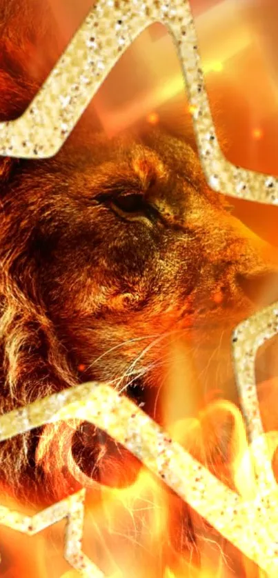 Fiery lion with golden star overlay and flames background.