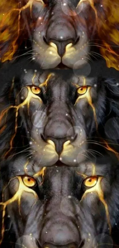 Trio of lions with fiery backgrounds in dark, dramatic wallpaper.