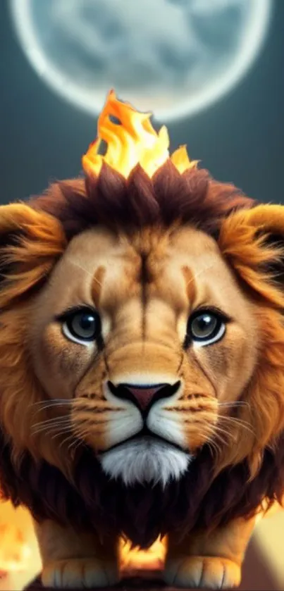 Majestic lion with fiery mane under glowing moon.