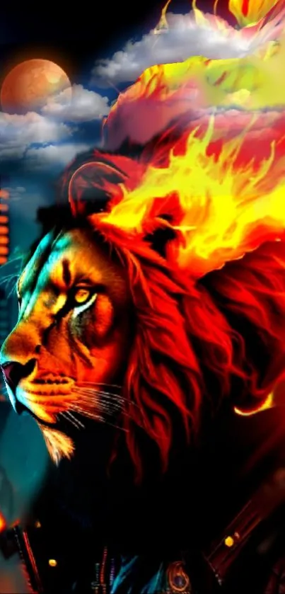 Fiery lion with cityscape background in vibrant colors