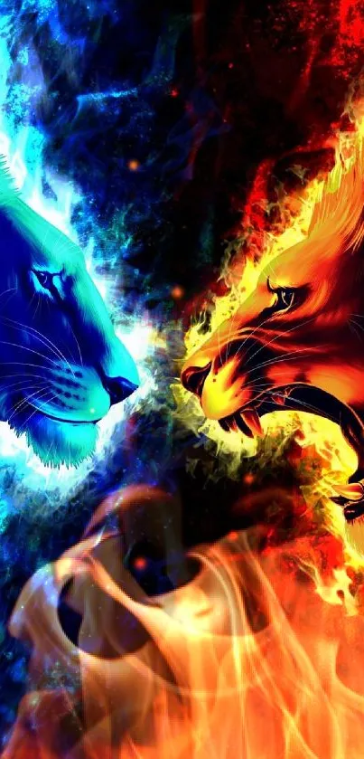 Fiery and icy lions face off in vivid mobile wallpaper.