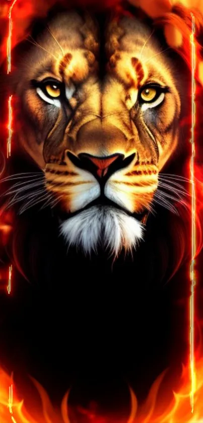 Fiery lion design on mobile wallpaper with bold flames.