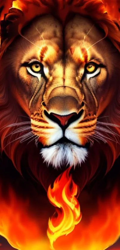 Fiery lion with flames mobile wallpaper, intense colors.