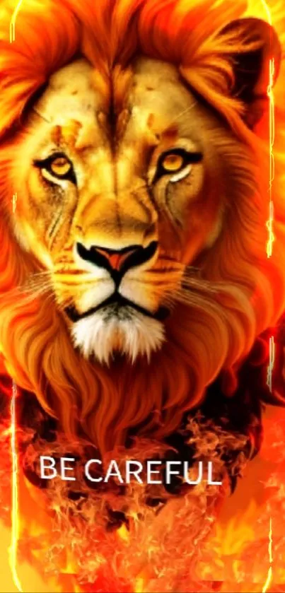 A majestic lion engulfed in vivid flames with 'BE CAREFUL' text overlay.