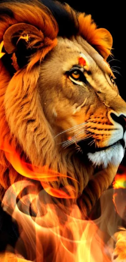 Majestic lion encircled by flames in a bold mobile wallpaper.