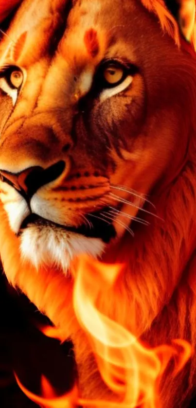 Fiery lion face with flames in vibrant orange hues.