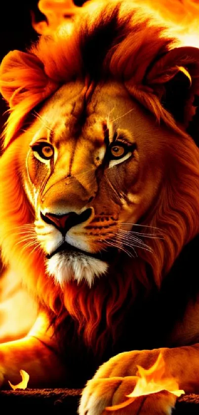 Majestic lion surrounded by flames wallpaper.