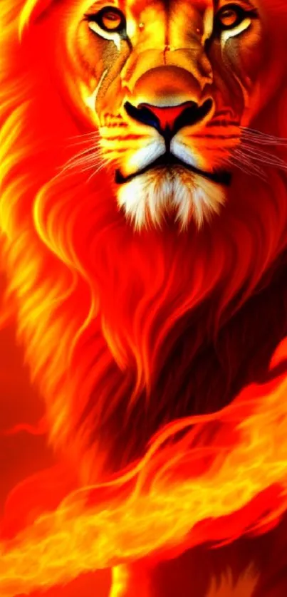 Fiery lion with flaming mane in vibrant orange hues.