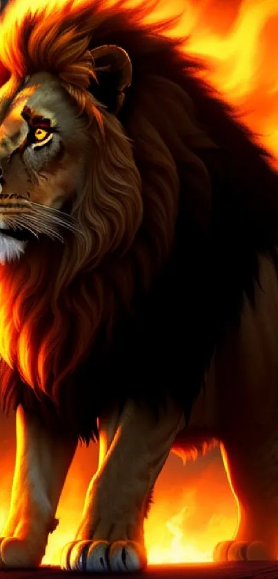 Majestic lion engulfed in vibrant flames on mobile wallpaper.