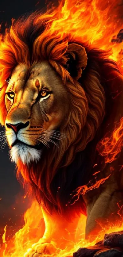 A majestic lion surrounded by vibrant flames, perfect for wallpaper use.