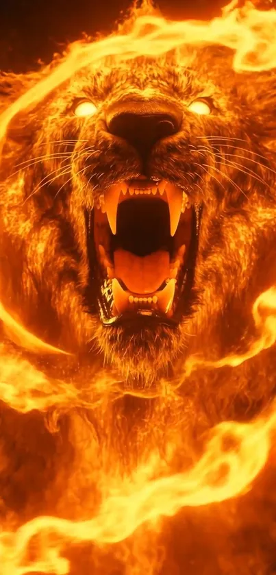 Fiery lion engulfed in flames roaring.