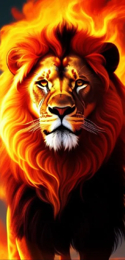 Fiery lion with a flaming mane in vibrant orange tones.