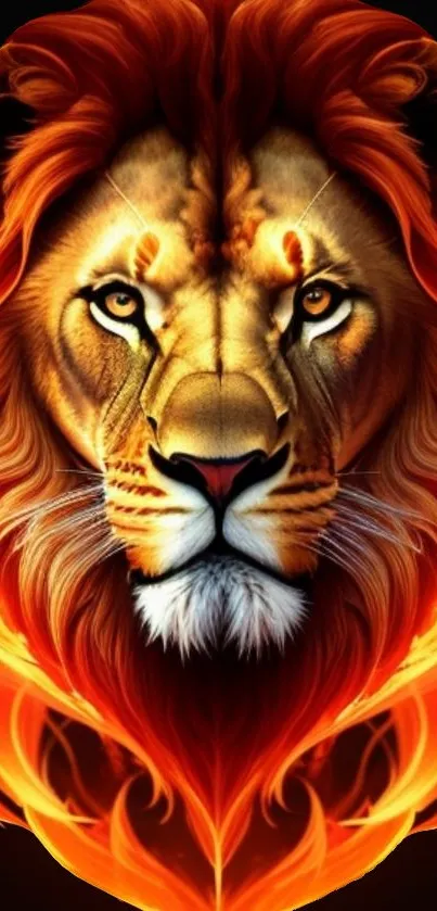 Fiery lion with orange mane digital wallpaper.