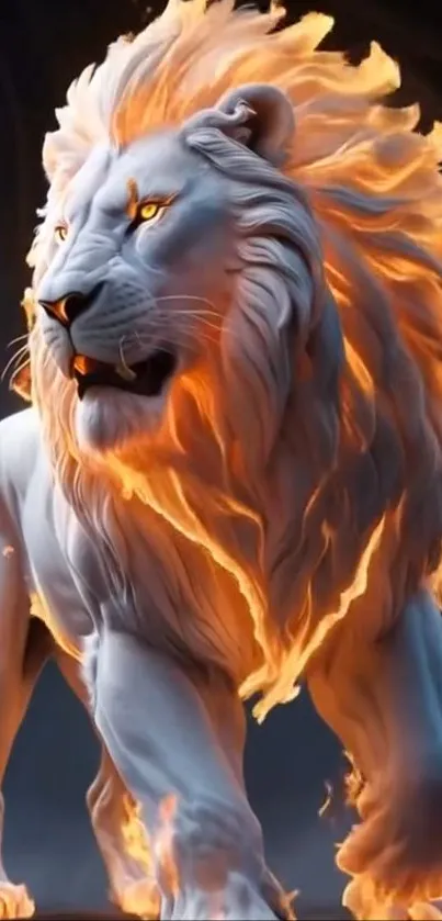 Fiery white lion with orange mane in digital art style.