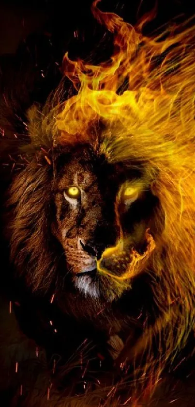 Lion with fiery mane on dark background wallpaper.