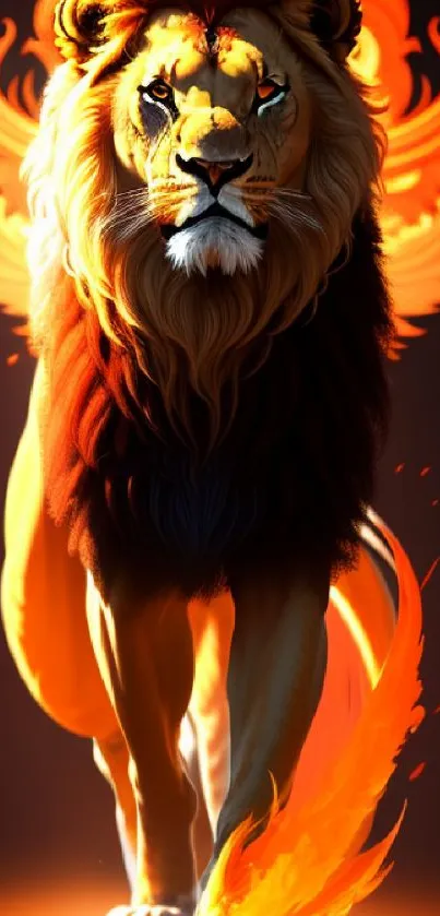 Fiery lion with orange flame-like design wallpaper.