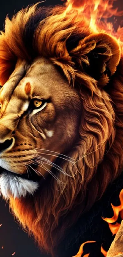 Majestic lion engulfed in vibrant flames, perfect for mobile wallpaper.