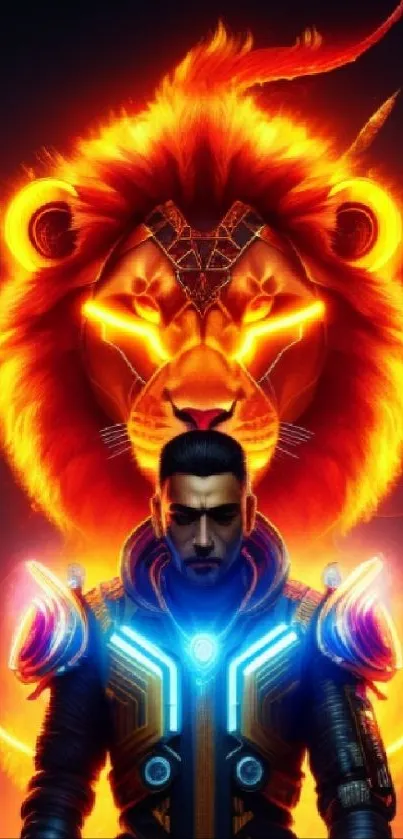 Futuristic warrior with fiery lion in background.