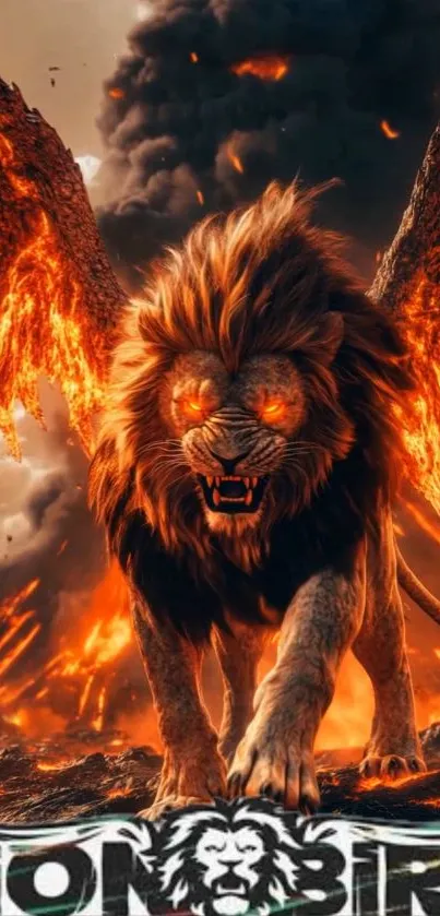 Lion with fiery wings in a volcanic landscape with fire.