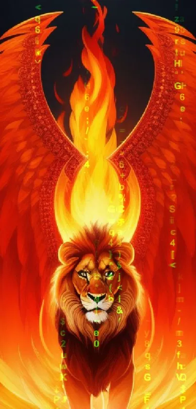 Majestic lion with fiery wings on a vibrant wallpaper background.