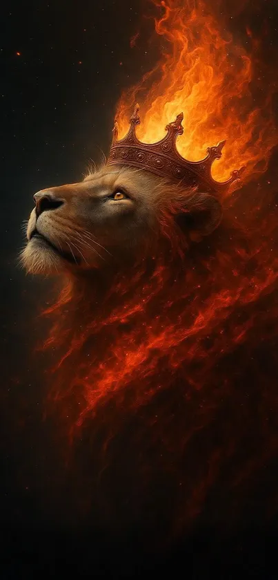 Lion with a fiery mane and crown in digital art.