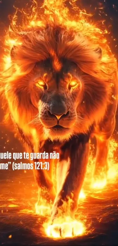 Fiery lion with biblical quote and stunning visuals.