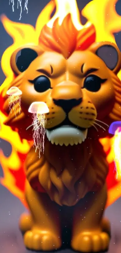 Fiery lion with neon jellyfish background.