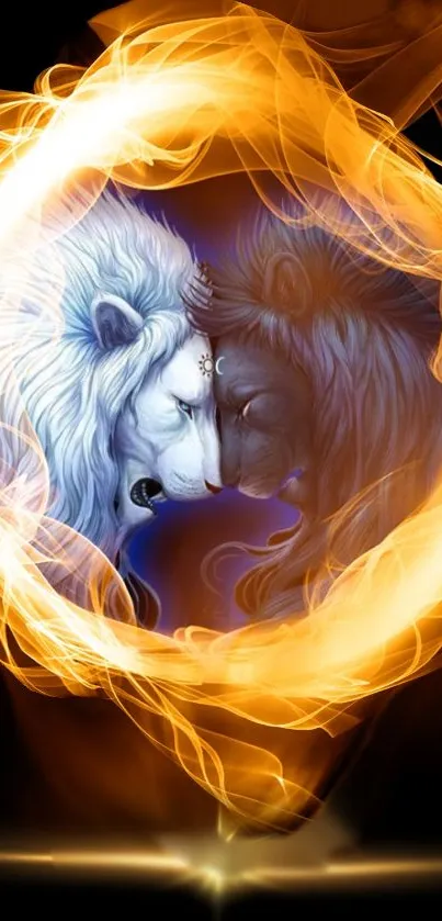 Fiery yin yang lion in a glowing circle of flames.