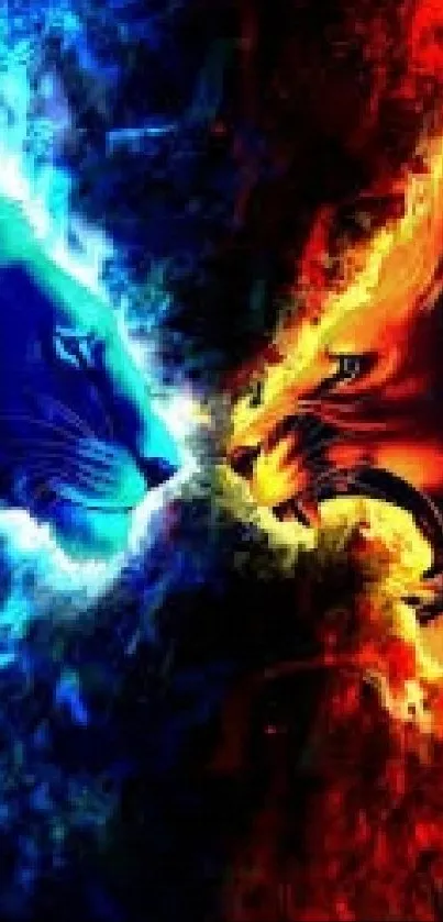 Dynamic blue and orange fiery lion wallpaper for mobile devices.