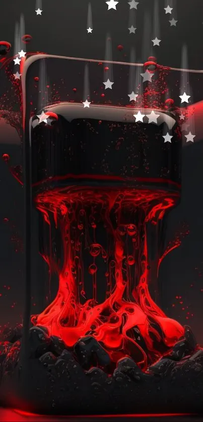 Phone wallpaper with red liquid and glowing black, abstract design.