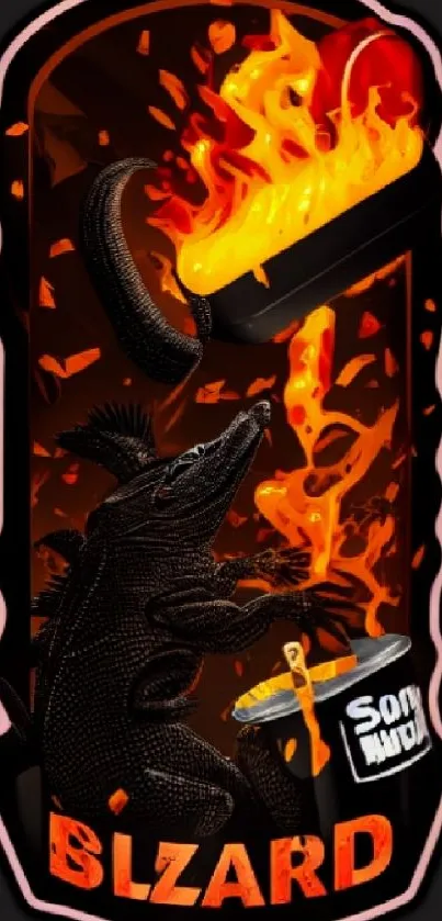 Fiery lizard design with orange flames on a mobile wallpaper background.