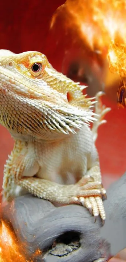 Bearded dragon lizard with fiery background on red wallpaper.