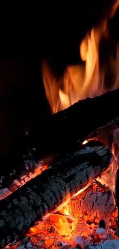 Crackling fire with burning logs and glowing embers wallpaper.