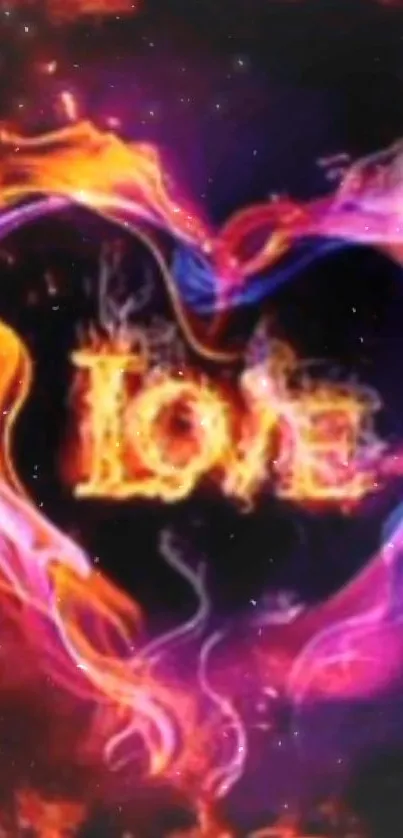 Fiery love heart with vibrant flames and colorful hues.