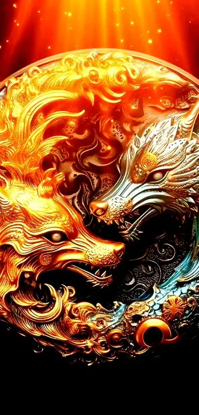 Intricate yin-yang design of fiery and icy wolves with vivid colors.