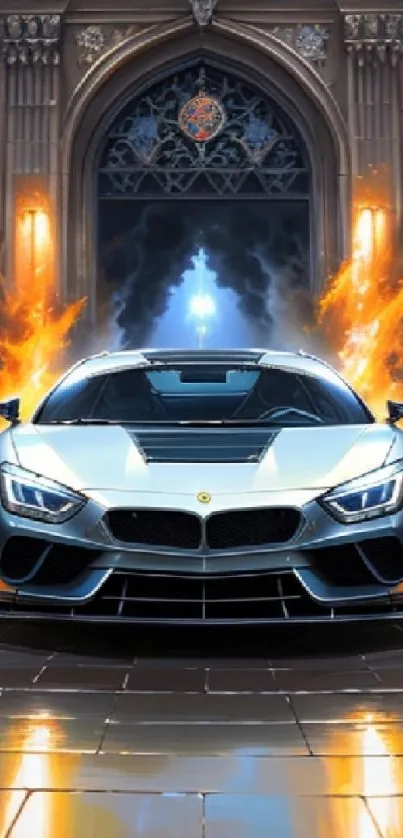 Luxury car surrounded by flames in a gothic hallway, exuding speed and elegance.